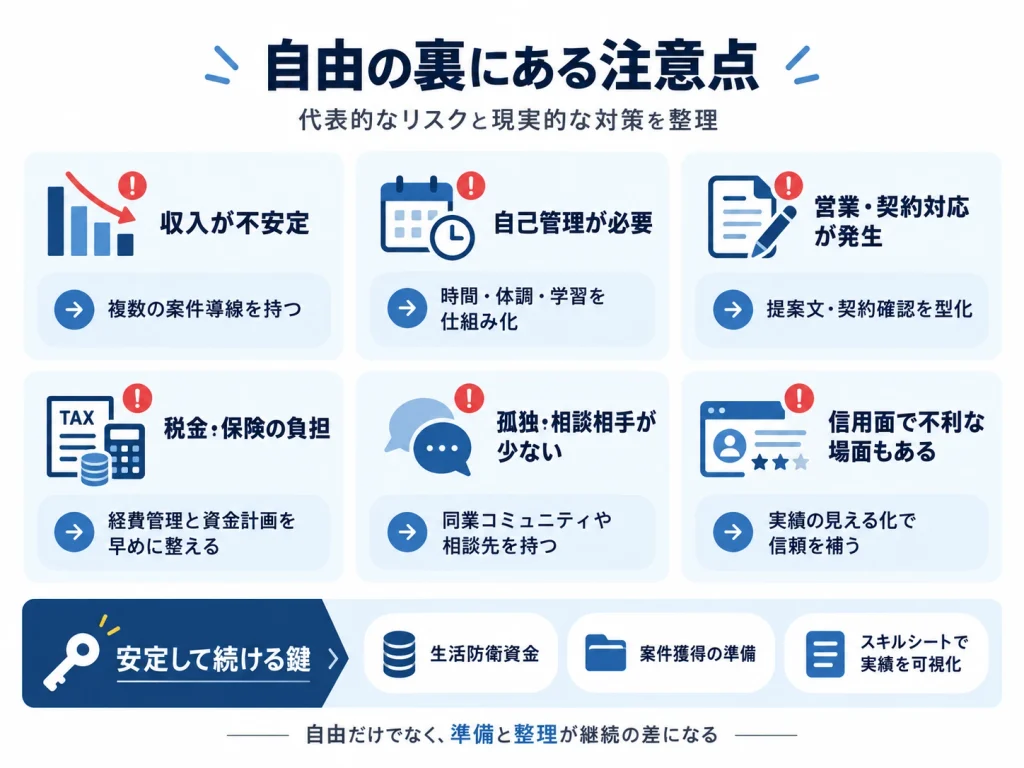 フリーランスエンジニアの主なデメリットと、安定して働くための対策をまとめた図解