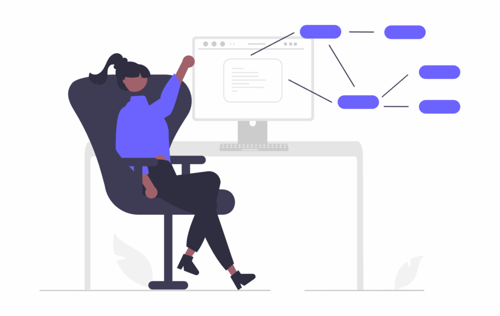 ソフトウェアエンジニアがシステム開発に取り組む様子を示すイラスト