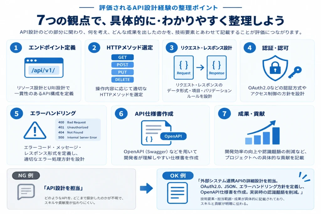 API設計経験をスキルシートに整理する際のエンドポイント定義、HTTPメソッド、リクエスト・レスポンス設計、認証・認可、エラーハンドリング、API仕様書、成果・貢献の7つの観点をまとめた図解