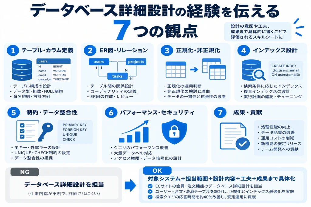 データベース詳細設計のテーブル・カラム定義、ER図、正規化、インデックス、データ整合性、パフォーマンス・セキュリティ、成果・貢献の7つの観点を整理した図解