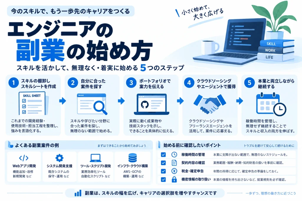 エンジニアが副業を始めるためのスキル整理、案件探し、ポートフォリオ作成、クラウドソーシングやエージェント活用、本業との両立の5ステップと注意点を整理した図解