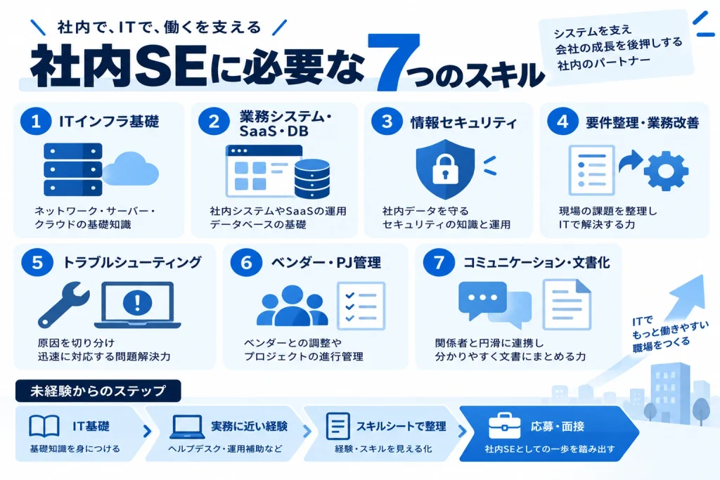 社内SEに必要なITインフラ、業務システム・SaaS・データベース、情報セキュリティ、業務改善、トラブル対応、ベンダー管理、コミュニケーションの7つのスキルと未経験からのステップを整理した図解