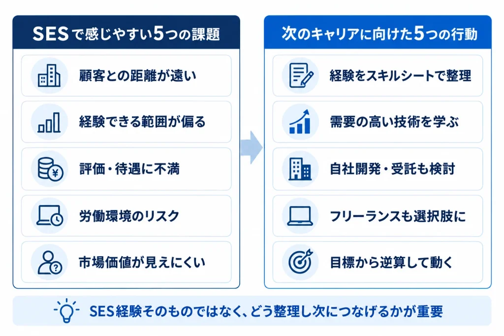 SESエンジニアの課題と、次のキャリアに向けた5つの行動を整理した図解