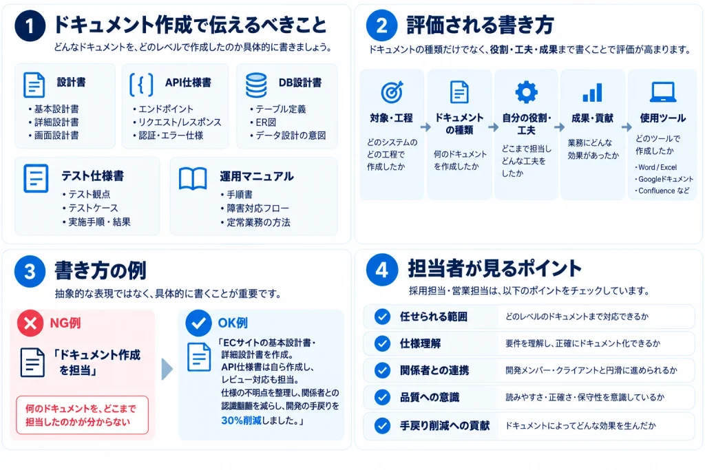 設計書・API仕様書・DB設計書・テスト仕様書・運用マニュアルなどのドキュメント作成経験について、評価される書き方、NG・OK例、担当者が見るポイントをまとめた要約図解