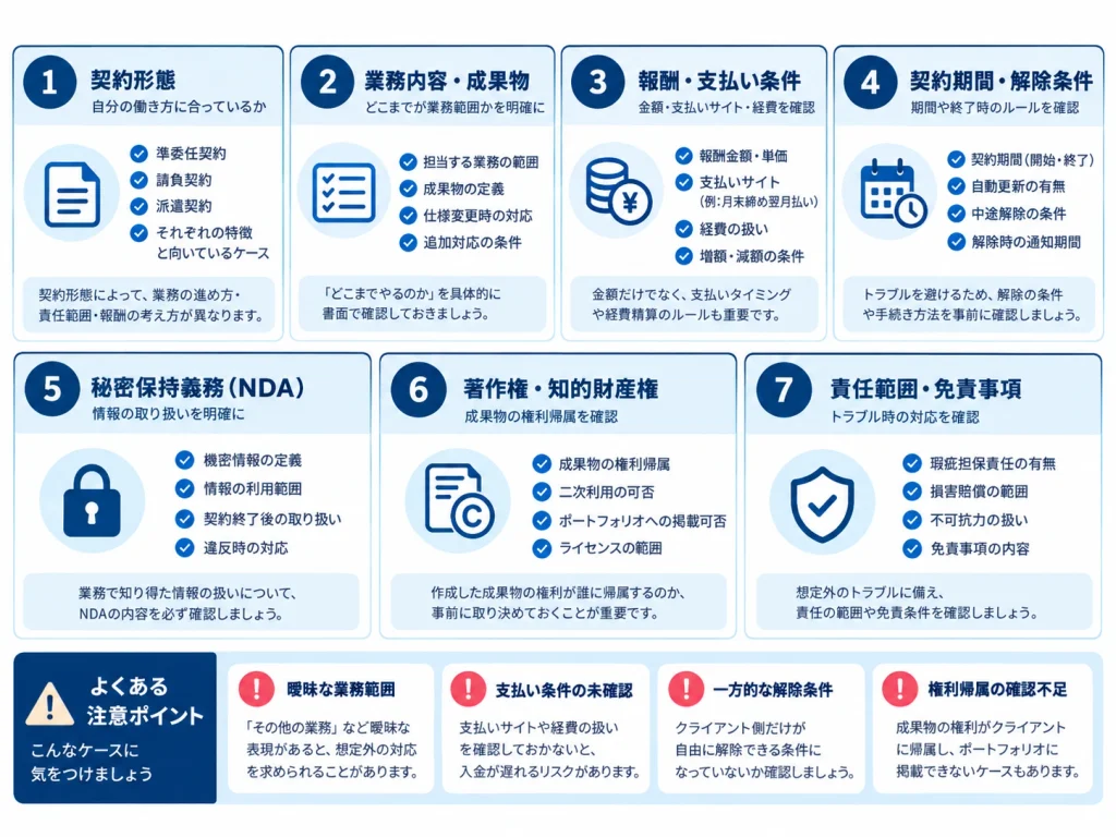 フリーランスエンジニアが業務委託契約前に確認すべき契約形態、業務範囲、報酬、契約期間、秘密保持、知的財産権、責任範囲と注意点をまとめた要約図解