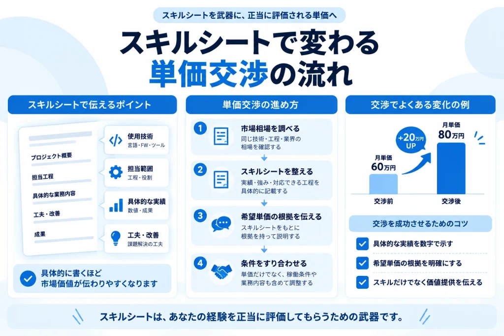 フリーランスエンジニアがスキルシートを使って単価交渉を進める流れ、伝えるポイント、交渉成功のコツをまとめた要約図解