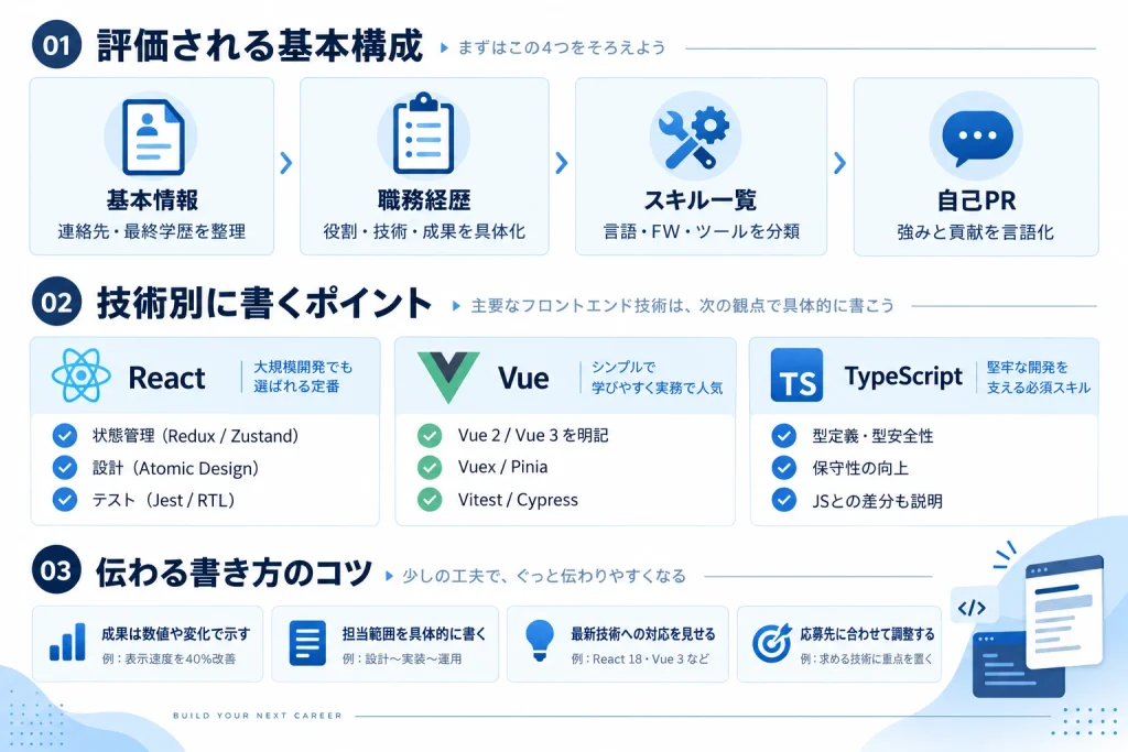 フロントエンドエンジニアのスキルシートについて、基本構成、React・Vue・TypeScript別の記載ポイント、伝わる書き方のコツをまとめた要約図解