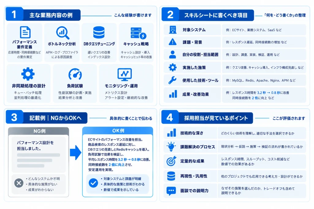 パフォーマンス要件、ボトルネック分析、DBクエリ最適化、キャッシュ、負荷テストなどの経験について、評価される書き方とNG・OK例、採用担当者が見るポイントをまとめた要約図解