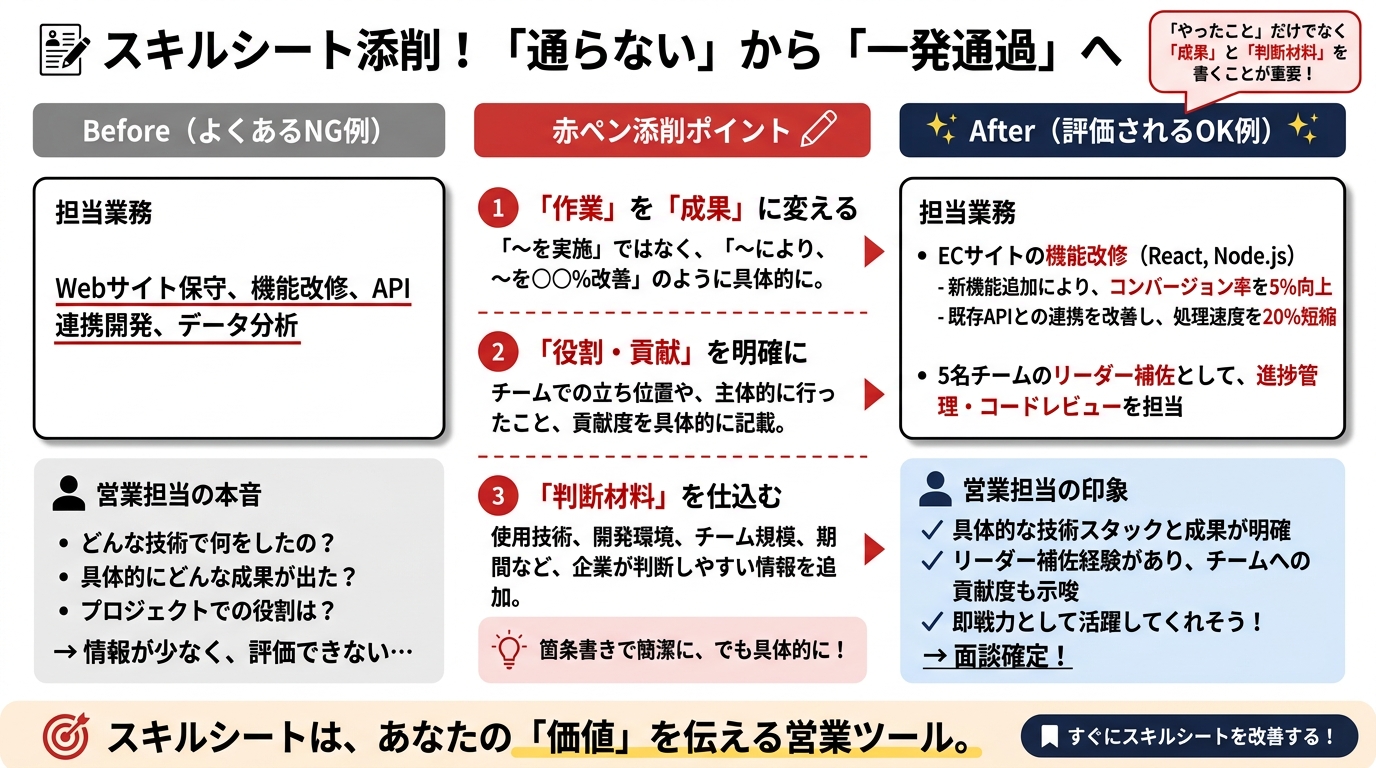 スキルシートが通らない原因と改善例を示すイメージ