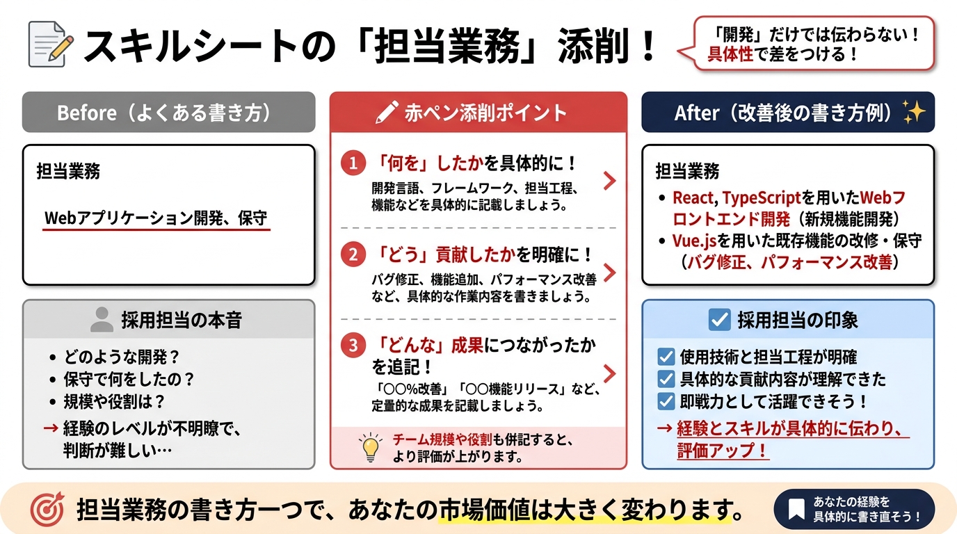 スキルシートの担当業務の書き方を解説するイメージ図