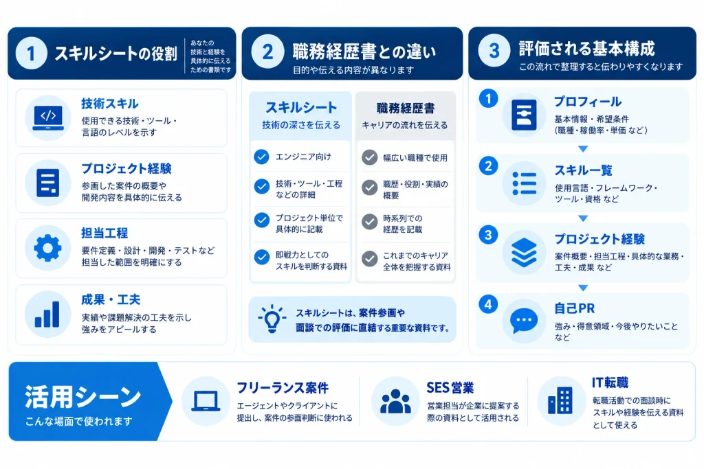 スキルシートの役割、職務経歴書との違い、基本構成、フリーランス案件・SES営業・IT転職での活用場面をまとめた要約図解