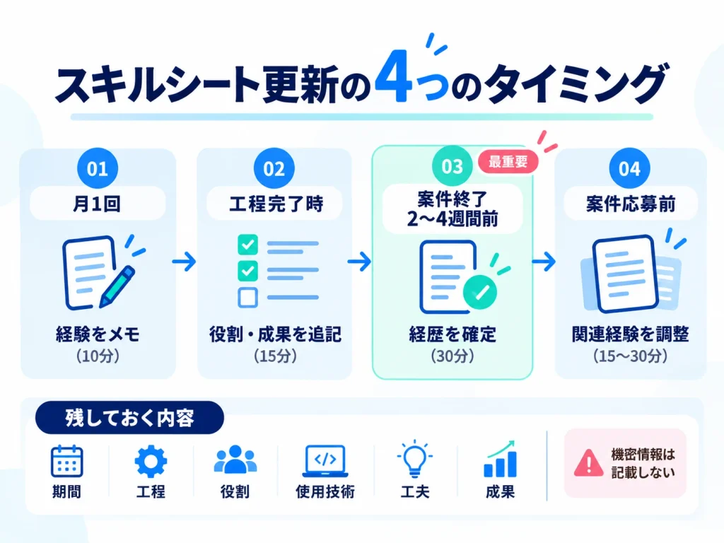 スキルシートの更新時期と案件経験の棚卸し方法を確認するエンジニア