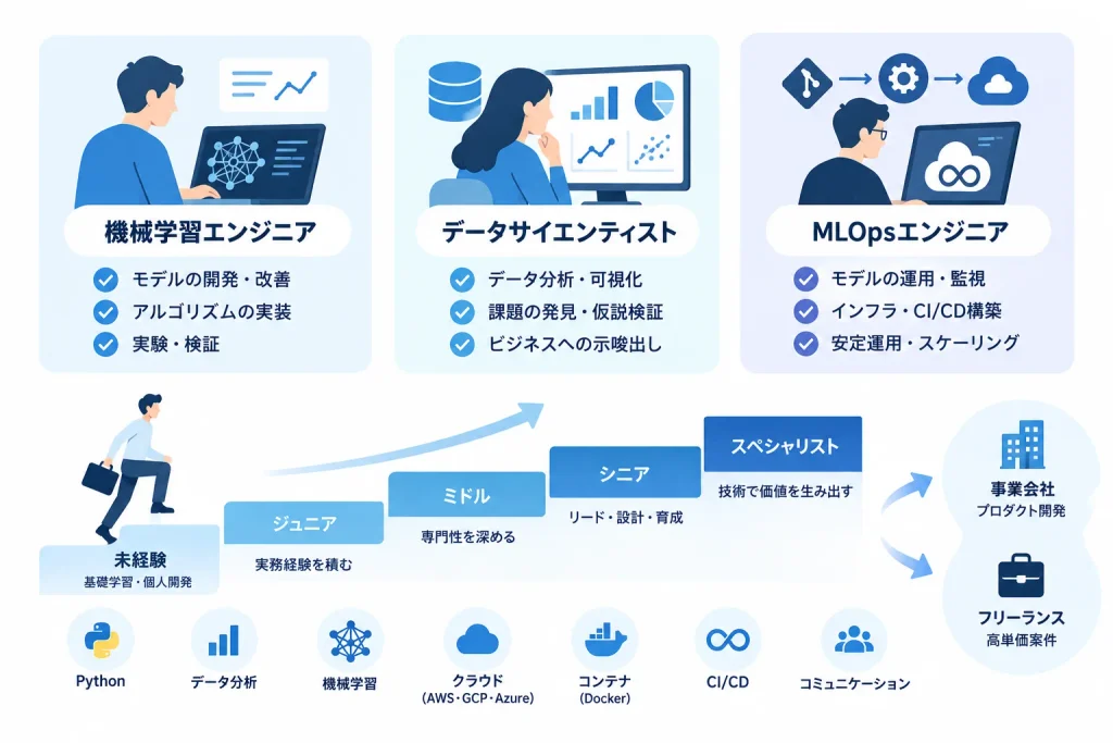 機械学習エンジニア・データサイエンティスト・MLOpsエンジニアの役割、必要スキル、キャリアステップの違いをまとめた図解