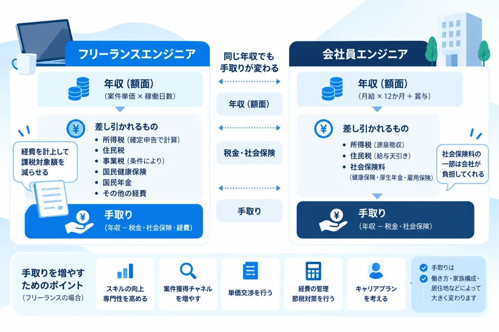 フリーランスエンジニアと会社員エンジニアの年収・税金・社会保険・手取りの違いと、フリーランスが手取りを増やすためのポイントを比較した図解。