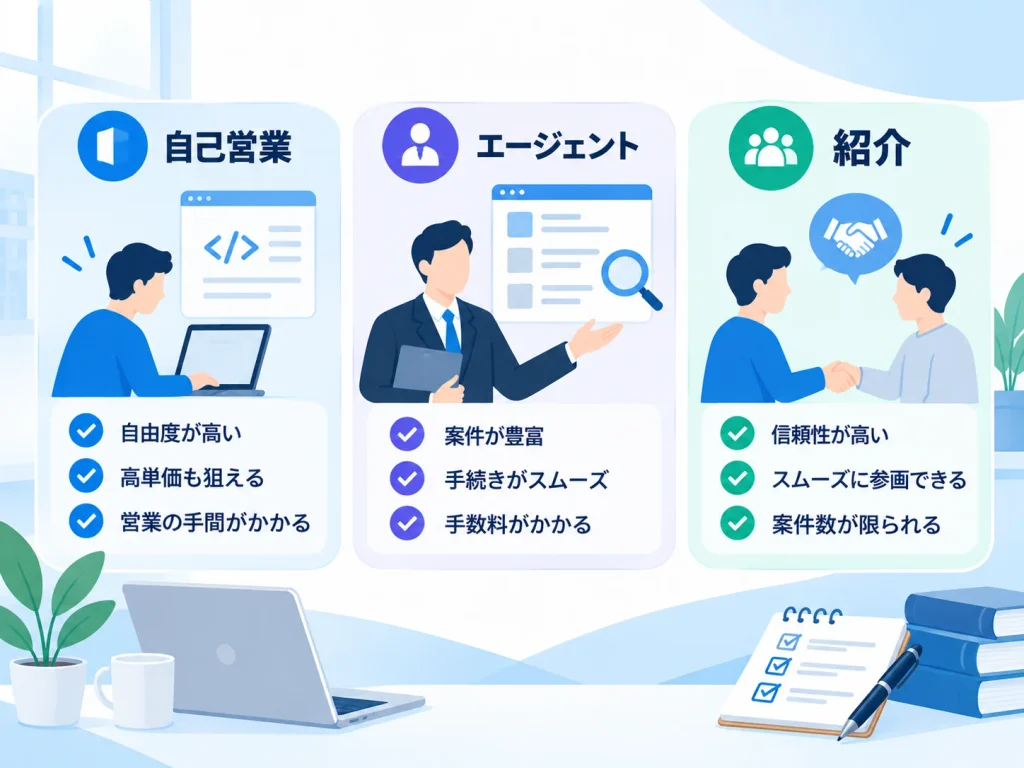 フリーランスエンジニアの案件獲得方法として、自己営業・エージェント・紹介の3つを、自由度・案件数・手数料・信頼性などの違いで比較した図解