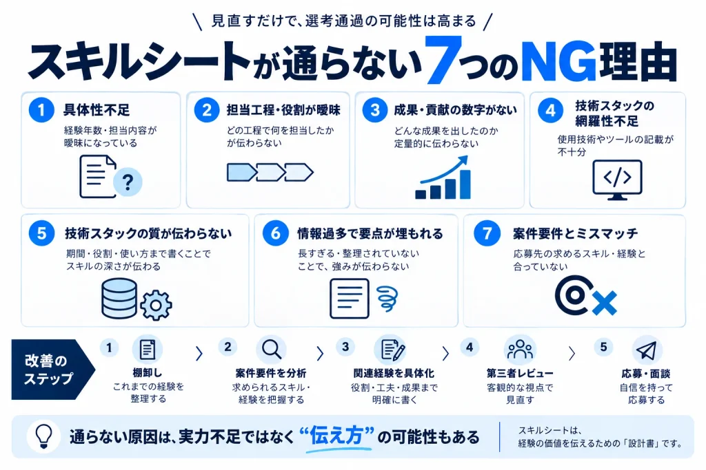 スキルシートが通らない7つのNG理由と改善ステップをまとめた図