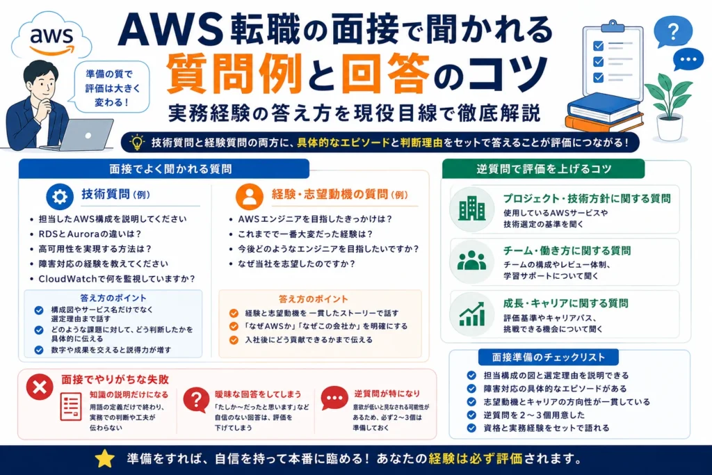 AWS転職の面接でよく聞かれる技術質問・経験や志望動機の質問例と、回答のコツ・逆質問・面接前の準備ポイントをまとめた図解