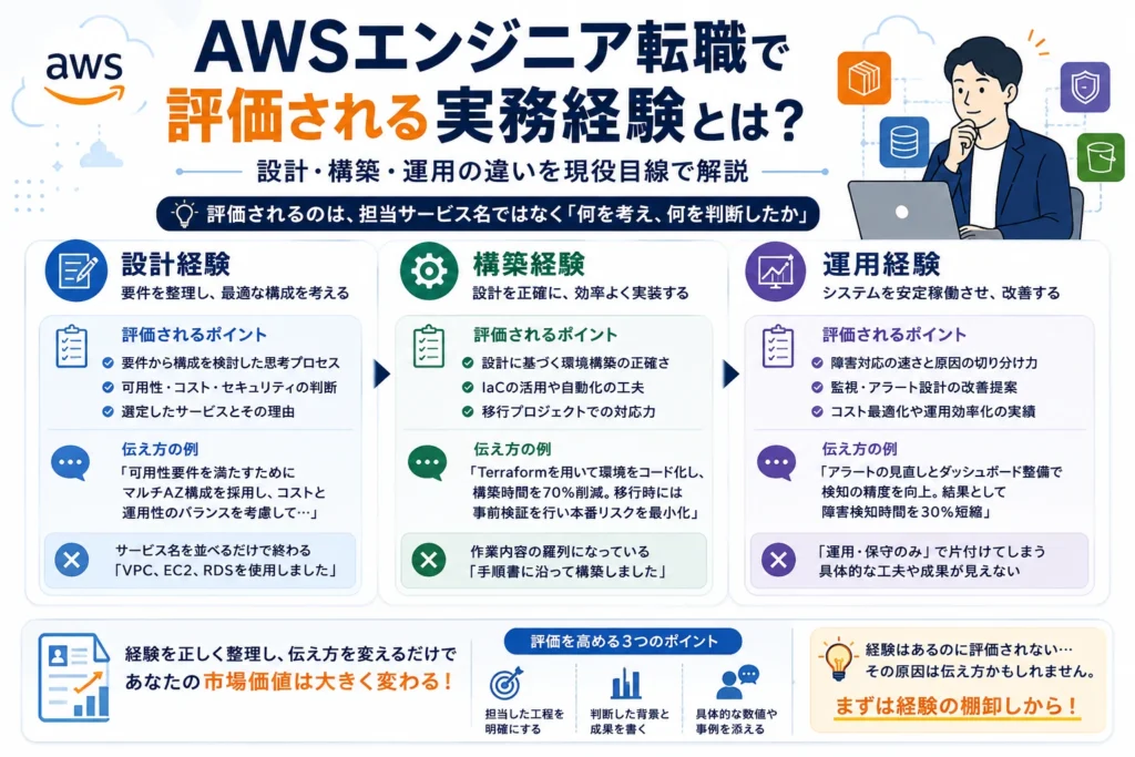 AWSエンジニア転職で評価される設計・構築・運用の実務経験について、評価ポイント・伝え方の例・避けたいNG例を比較した図解
