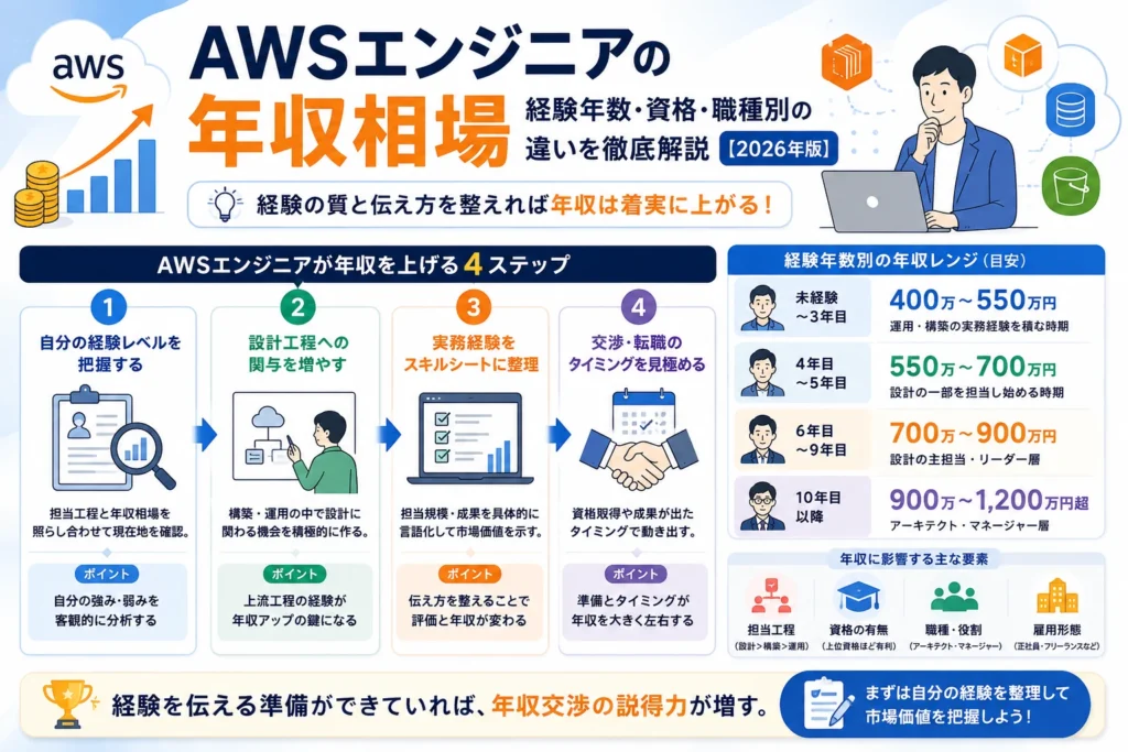 AWSエンジニアの経験年数別の年収相場と、設計経験・スキルシート整理・転職や交渉によって年収を上げる4ステップをまとめた図解