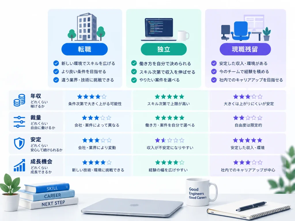 エンジニアの転職・独立・現職残留を、年収・裁量・安定・成長機会の4つの判断軸で比較し、それぞれの特徴を整理した図解HERO画像