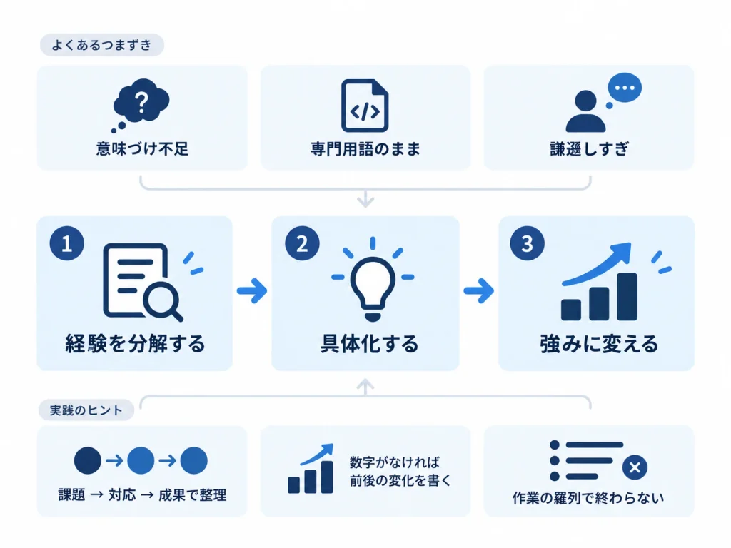 エンジニアの経験を「課題・対応・成果」で整理し、言語化して強みに変える3ステップを示した図解
