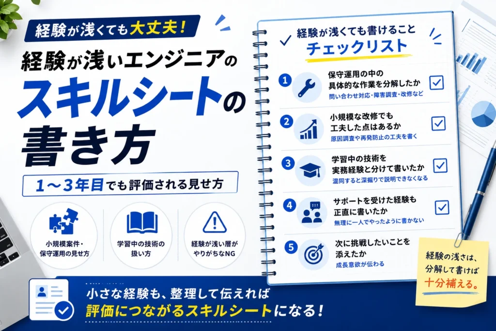 経験が浅い1〜3年目のエンジニア向けに、保守運用や小規模改修、学習中の技術などを整理してスキルシートに書く5つのポイントを示した図解