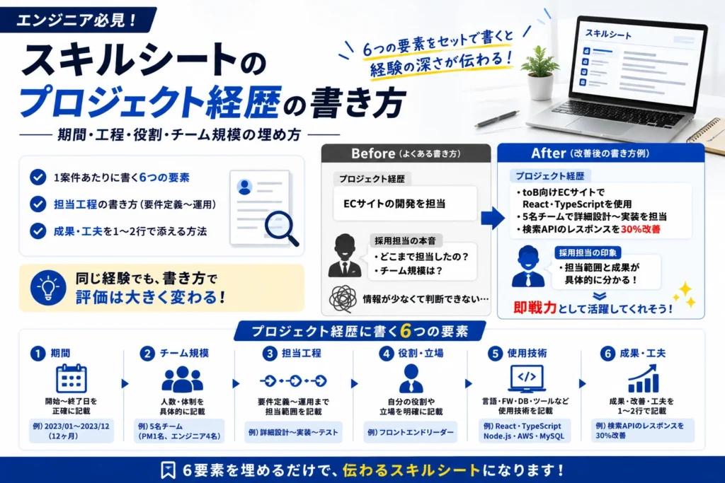 スキルシートのプロジェクト経歴について、期間・チーム規模・担当工程・役割・使用技術・成果の6要素とBefore・Afterの記載例を解説した図解