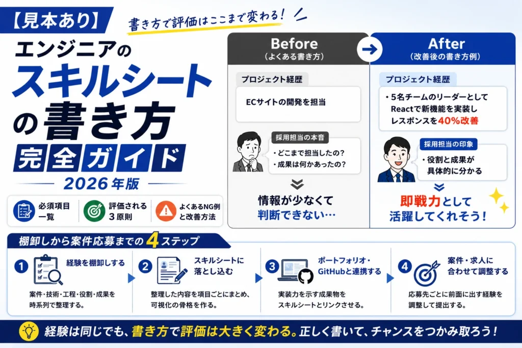 エンジニアのスキルシートについて、改善前後の記載例と経験の棚卸しから案件応募までの流れを解説した図解