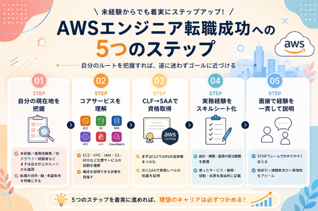AWSエンジニア転職成功までの5ステップを、現在地の把握からAWS学習・資格取得・スキルシート作成・面接対策まで順番に示した図解