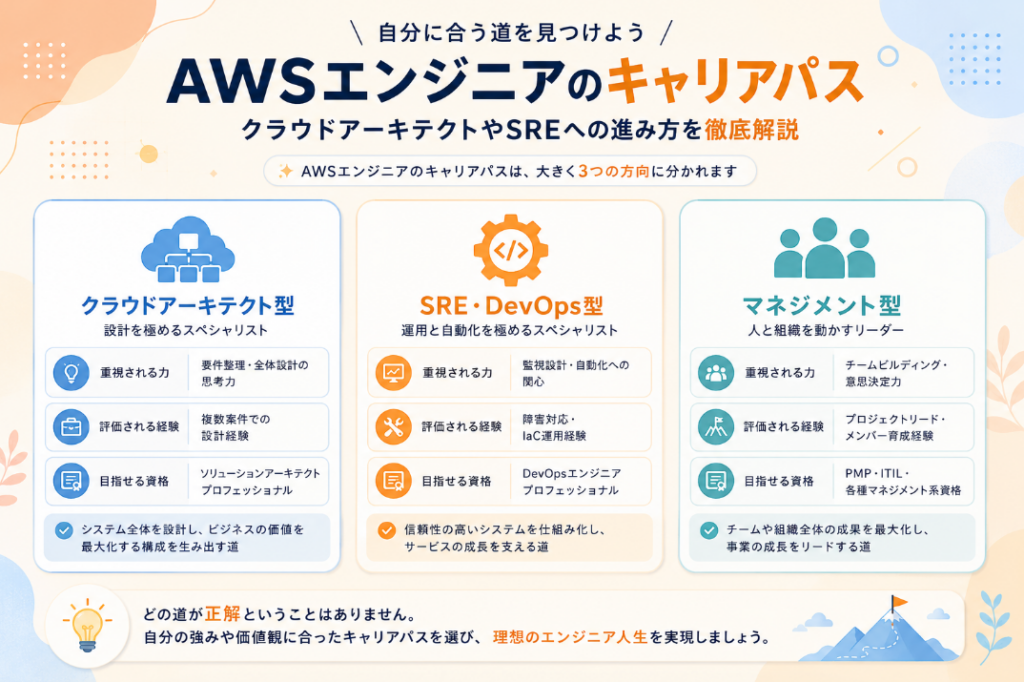 AWSエンジニアのキャリアパスをクラウドアーキテクト型、SRE・DevOps型、マネジメント型の3方向に分け、必要な経験や資格の違いを比較した図解