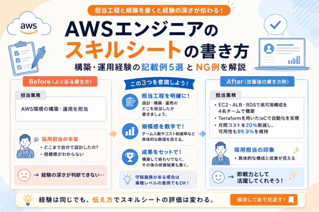 AWSエンジニアの仕事内容を設計・構築移行・運用保守の3工程に分け、主な業務内容と転職前の確認ポイントを整理した図解