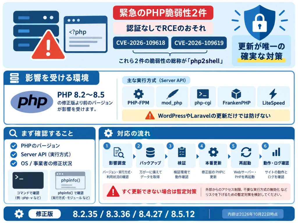 PHPの脆弱性「php2shell」の影響範囲と対策をまとめた図解。2件の脆弱性、影響を受けるPHPのバージョンと実行方式、バージョン確認・バックアップ・更新・動作確認までの対応手順を紹介。