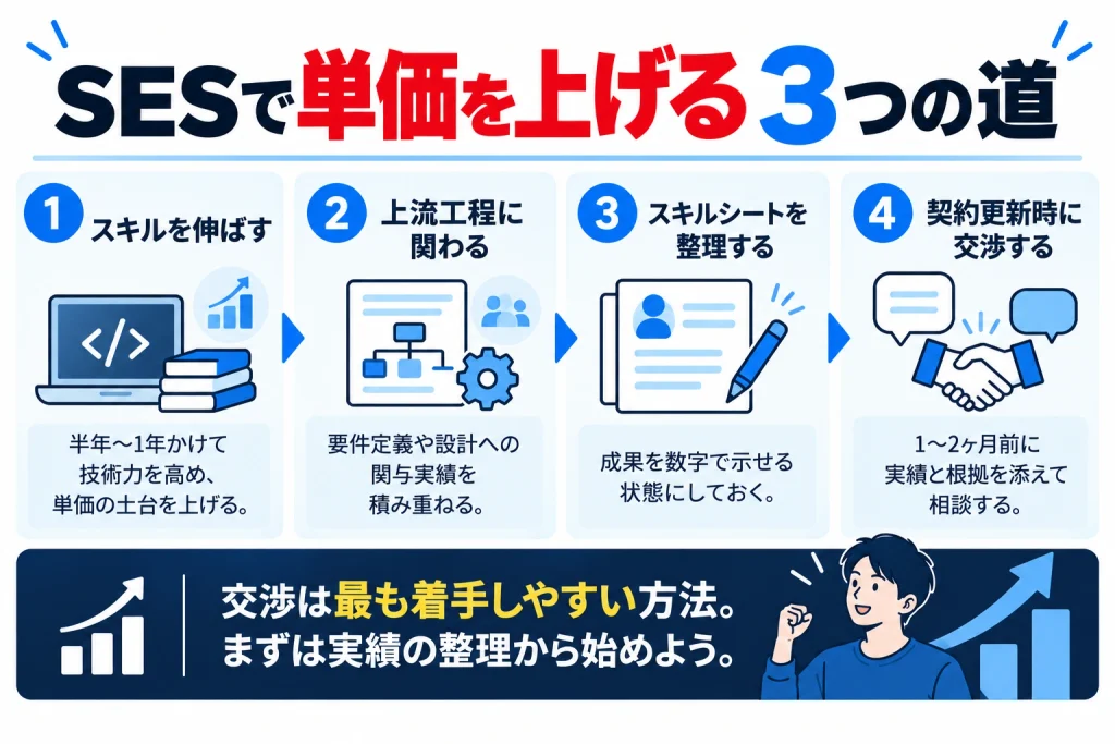 SESで単価を上げる方法として、スキル向上・上流工程への関与・スキルシート整理・契約更新時の交渉という4ステップを示したロードマップ図解