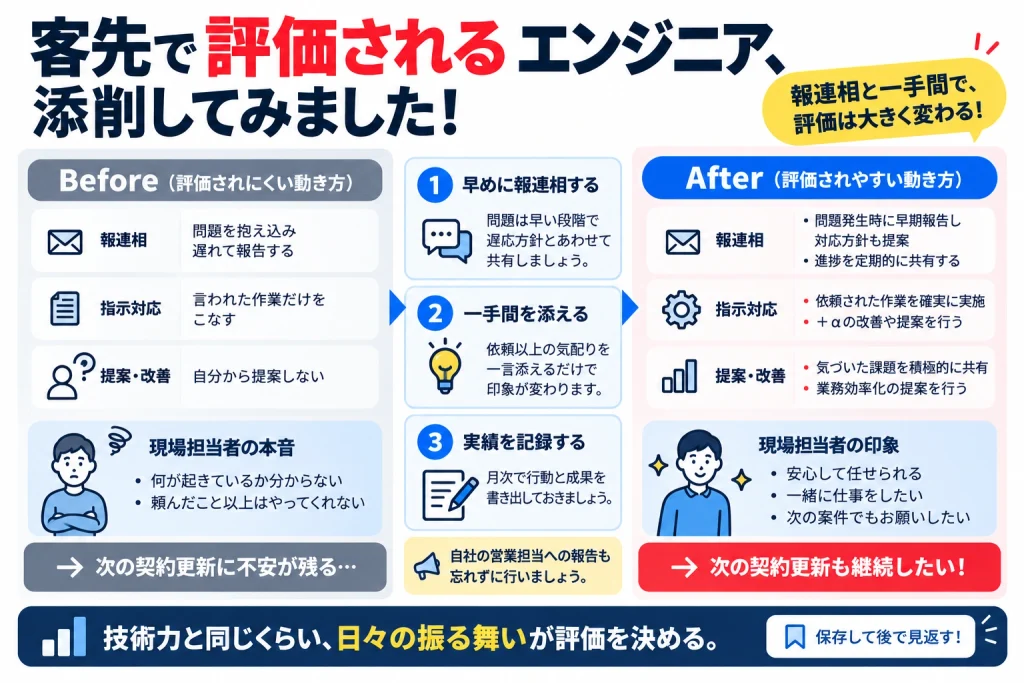 SESで客先に評価されるエンジニアのBefore・Afterを比較し、早めの報連相、一手間の提案、実績の記録によって契約更新や評価につながる行動をまとめた図解