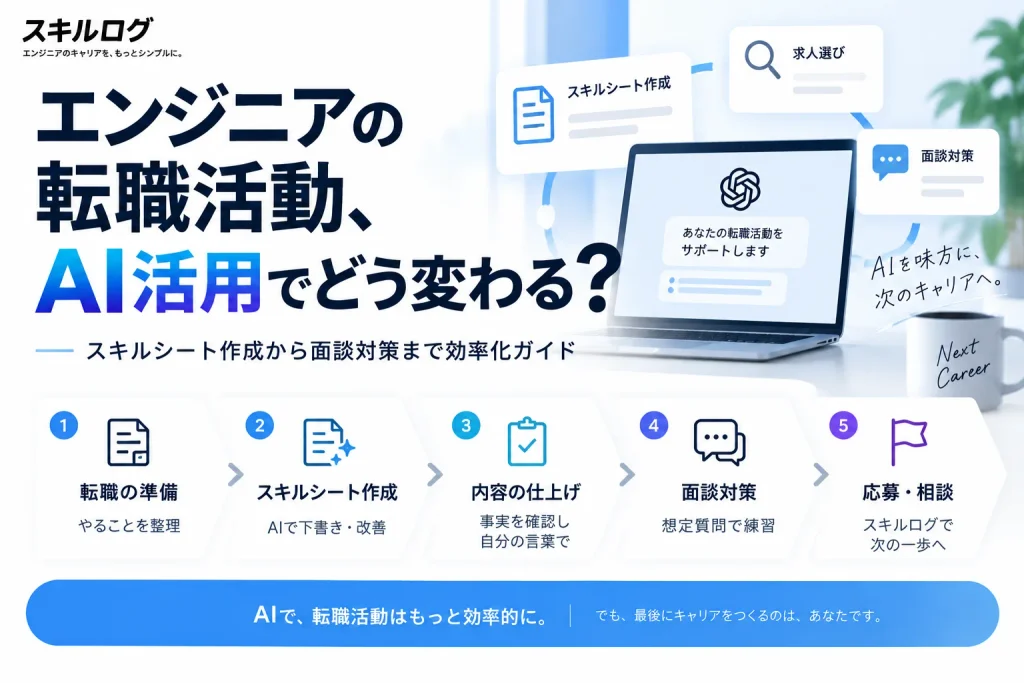 エンジニアの転職活動でAIを活用する5ステップ。スキルシート作成、内容確認、面談対策から応募・相談までの流れ