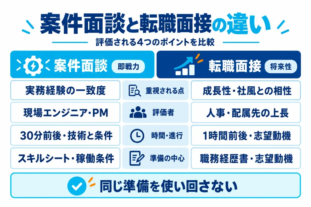 案件面談と転職面接で重視される点・評価者・時間と進行・準備内容の違いを比較した図解