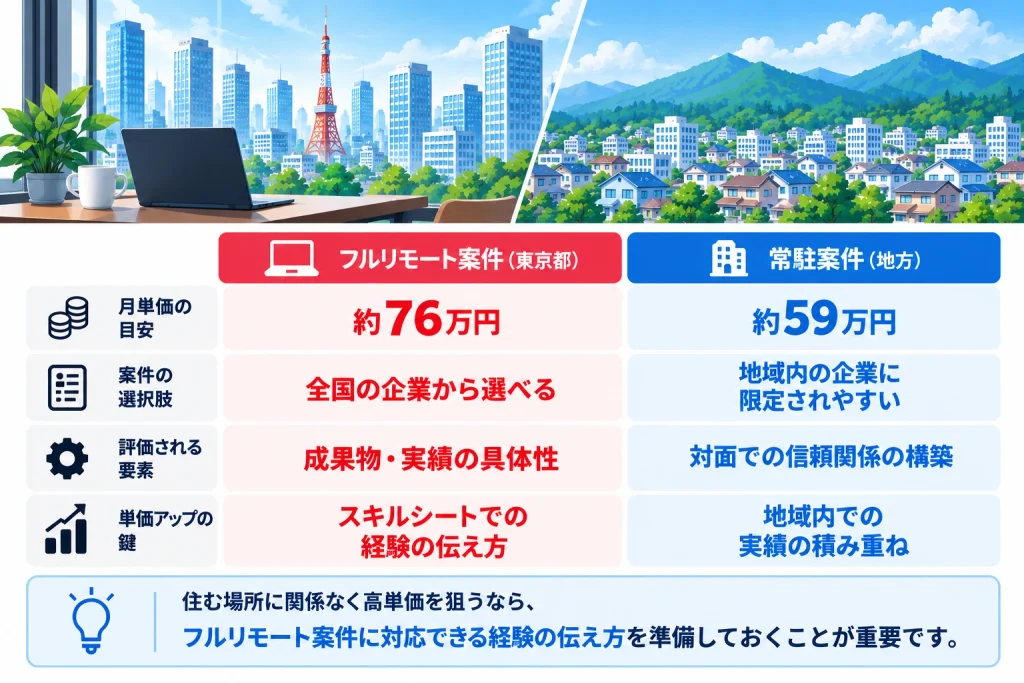 東京都のフルリモート案件と地方の常駐案件の単価・案件数・評価ポイントを比較した図解