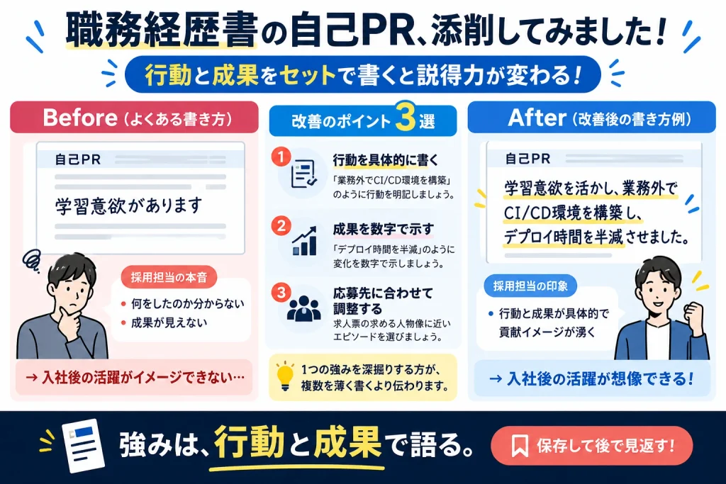 職務経歴書の自己PRをBefore・Afterで比較し、行動と成果を結びつけて書く改善ポイントを示した図解