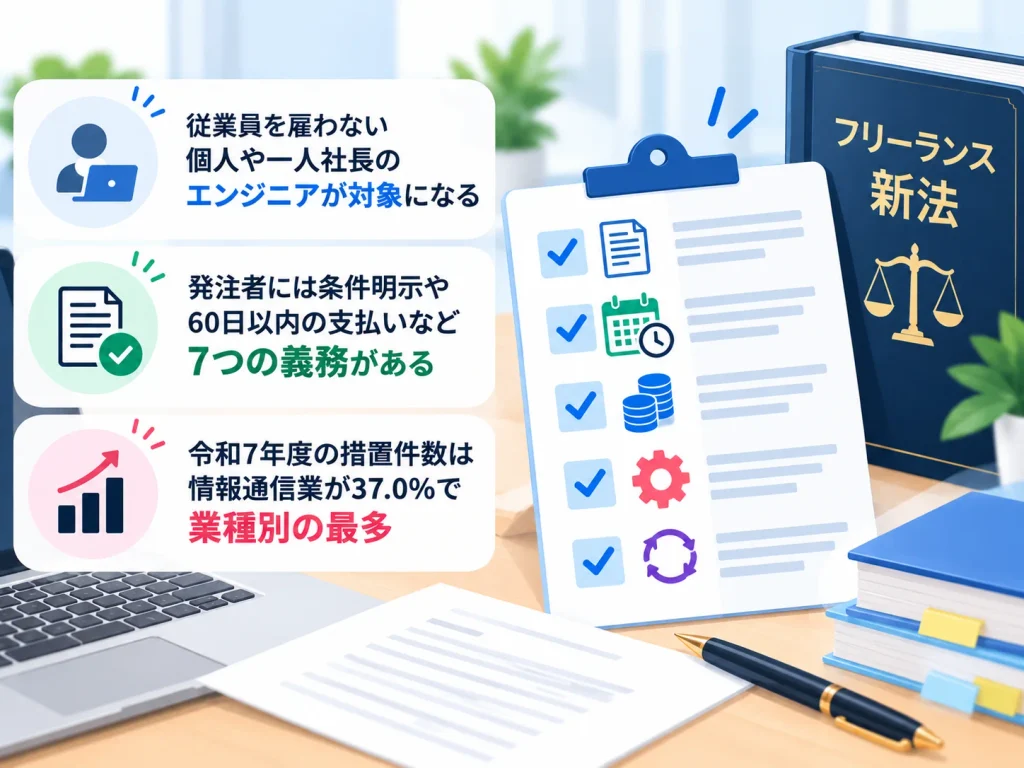 フリーランス新法の概要を図解。対象となる個人事業主や一人社長のエンジニア、発注者に課される7つの義務、令和7年度の情報通信業の措置割合37.0%を紹介