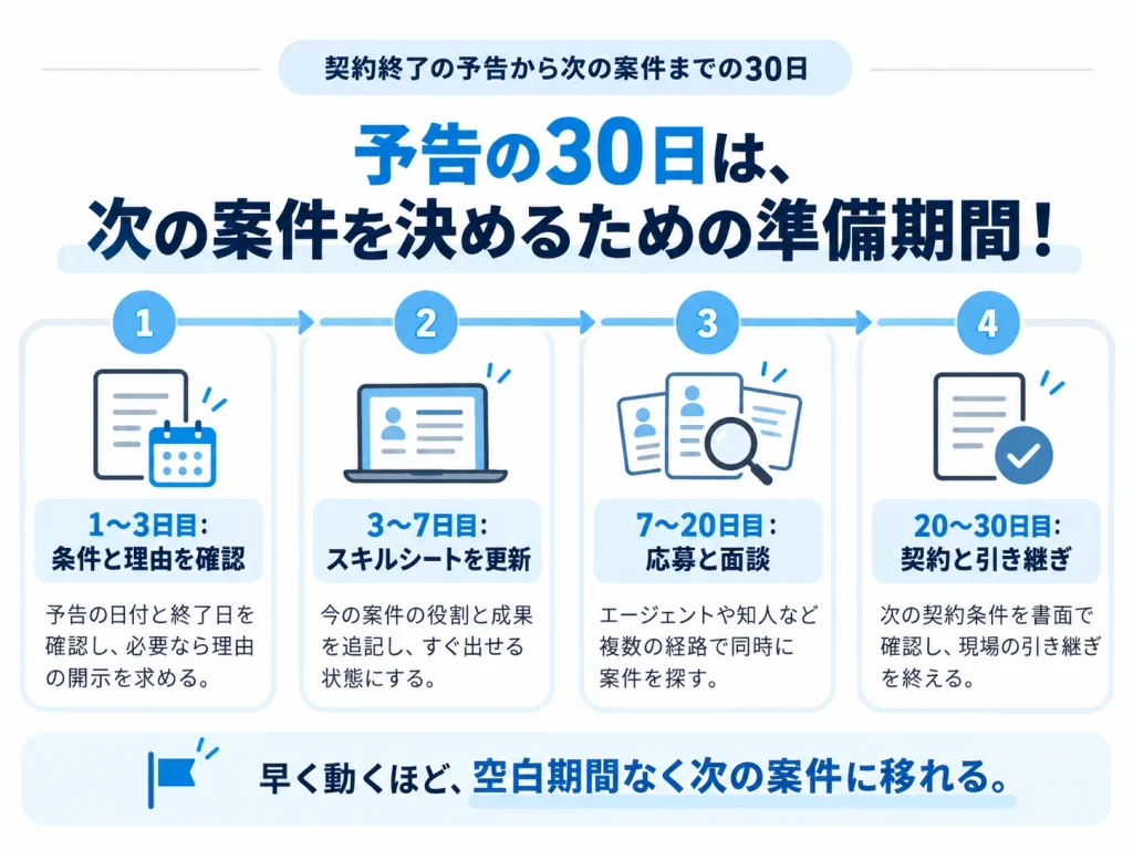 業務委託の契約終了予告から次の案件までの30日間のロードマップ。契約条件の確認、スキルシート更新、応募・面談、契約と引き継ぎの4段階を図解