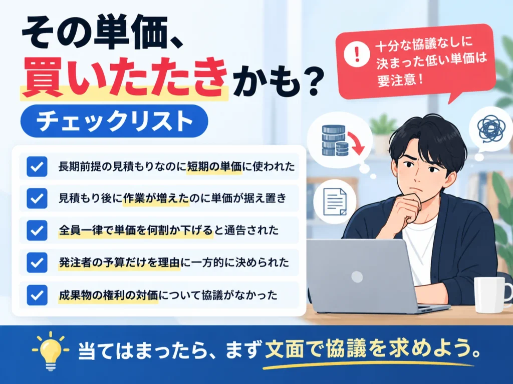 フリーランスエンジニアの買いたたきに該当するおそれがある単価の決め方を5項目で図解。作業増加による単価据え置きや一方的な単価引き下げなどを確認できるチェックリスト