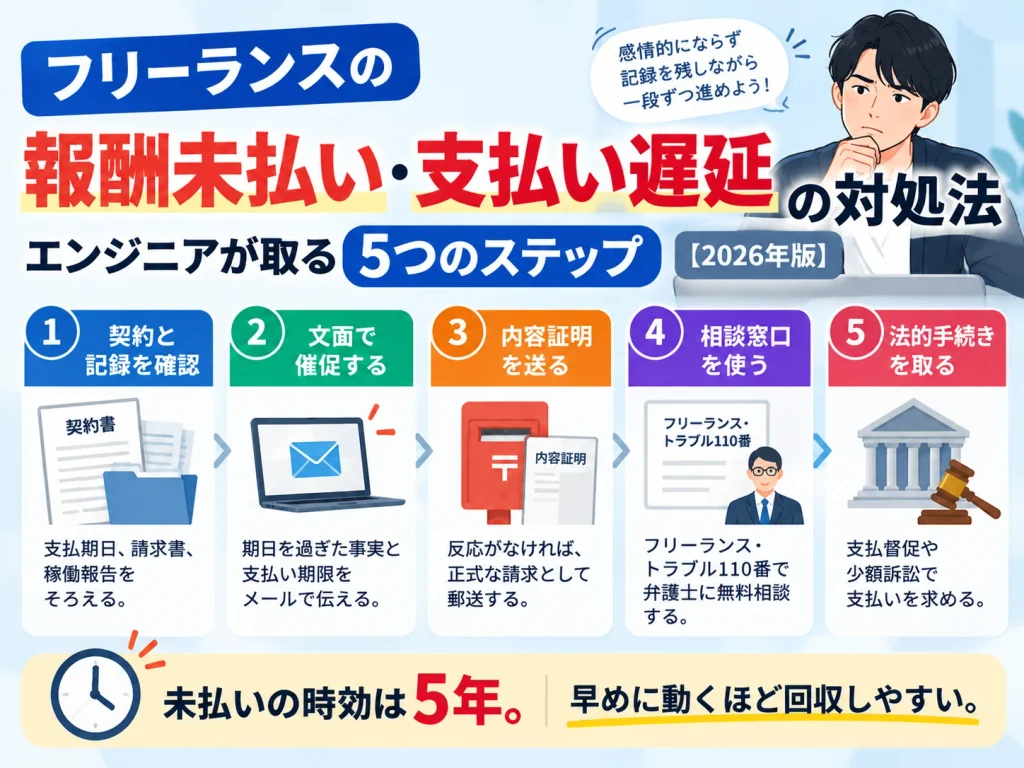 フリーランスエンジニアの報酬未払い・支払い遅延への対処法を5ステップで図解。契約と記録の確認、メールでの催促、内容証明郵便、無料相談窓口、法的手続きの流れを紹介