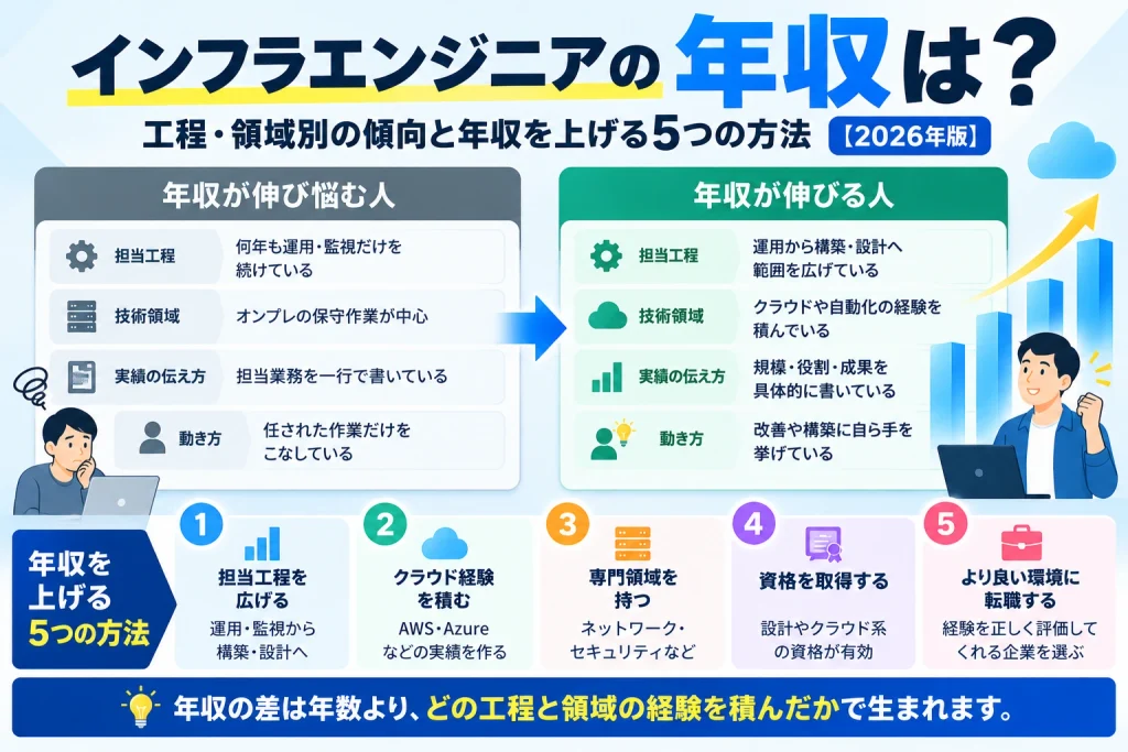 インフラエンジニアの年収について、年収が伸び悩む人と伸びる人の違いを比較し、担当工程・クラウド経験・実績の伝え方など年収を上げるポイントをまとめた図解。