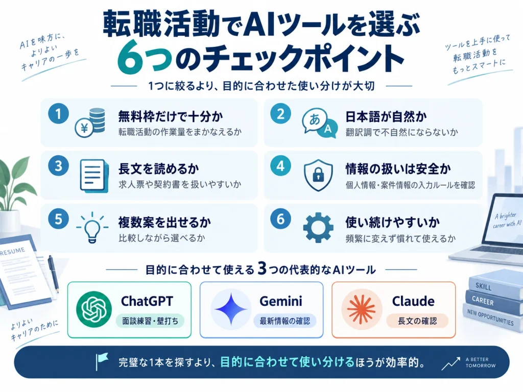 転職活動でAIツールを選ぶ6つのチェックポイントを示したHERO画像。無料枠、日本語の自然さ、長文対応、情報の安全性、複数案の出力、使い続けやすさを確認し、ChatGPT・Gemini・Claudeを目的別に使い分ける考え方を図解している