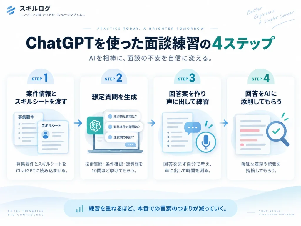 ChatGPTを使った案件面談・転職面接の練習方法を4ステップで示した図。案件情報とスキルシートの入力、想定質問の生成、声に出した回答練習、AIによる回答添削の流れを表している