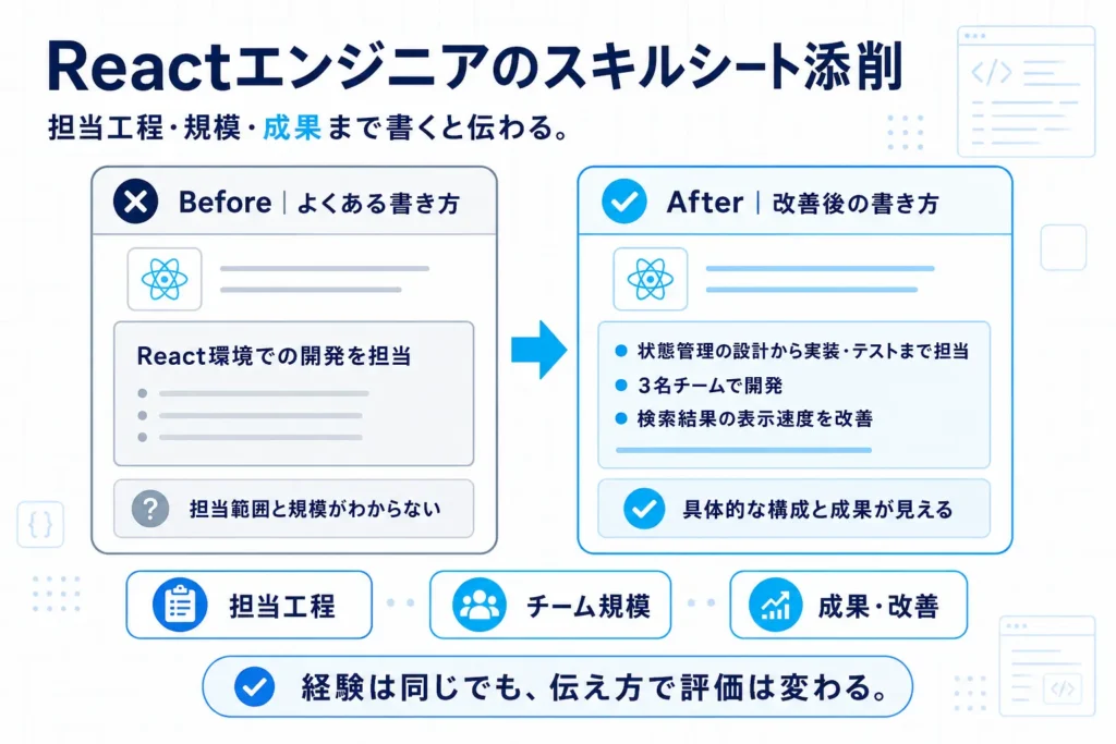 Reactエンジニアのスキルシートを担当工程・チーム規模・成果が伝わる書き方へ改善したBefore・After図解
