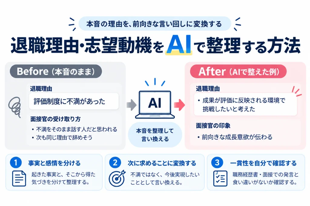 退職理由・志望動機をAIで整理する方法を示した図。『評価制度に不満があった』という本音を、AIで前向きな退職理由に言い換え、事実と感情を分ける・次に求めることへ変換する・一貫性を確認する流れを解説している