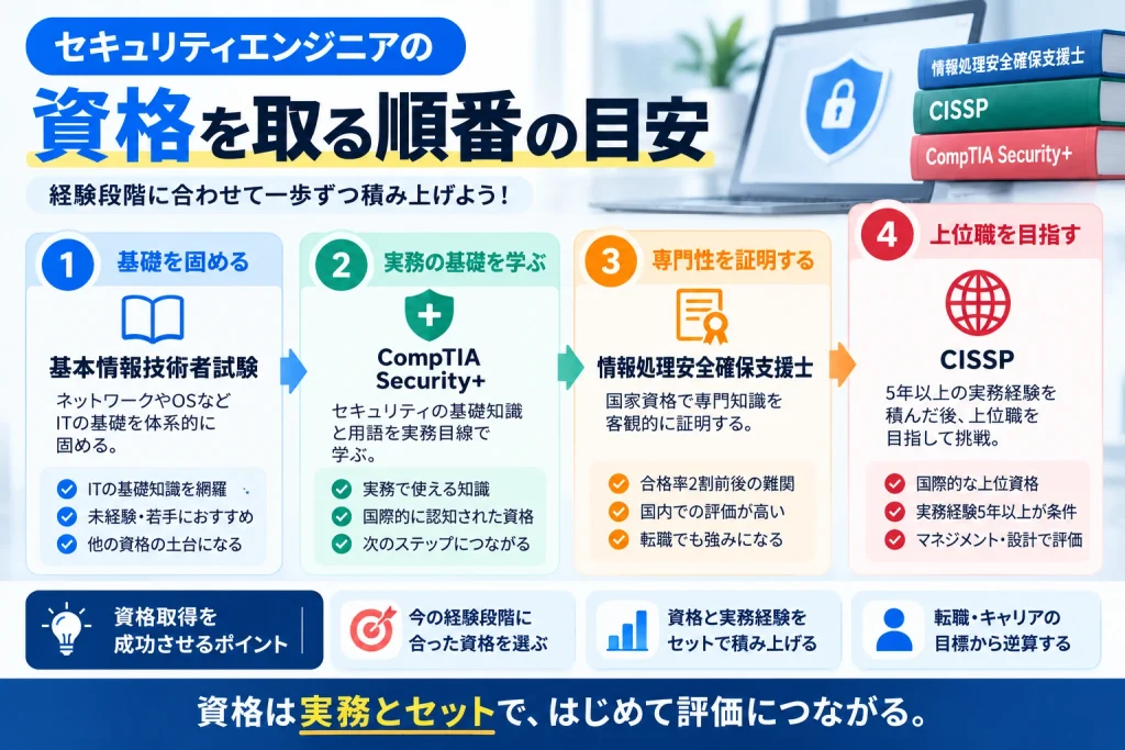 セキュリティエンジニア向け資格を、基本情報技術者試験・CompTIA Security+・情報処理安全確保支援士・CISSPの順に取得する目安を示した図解