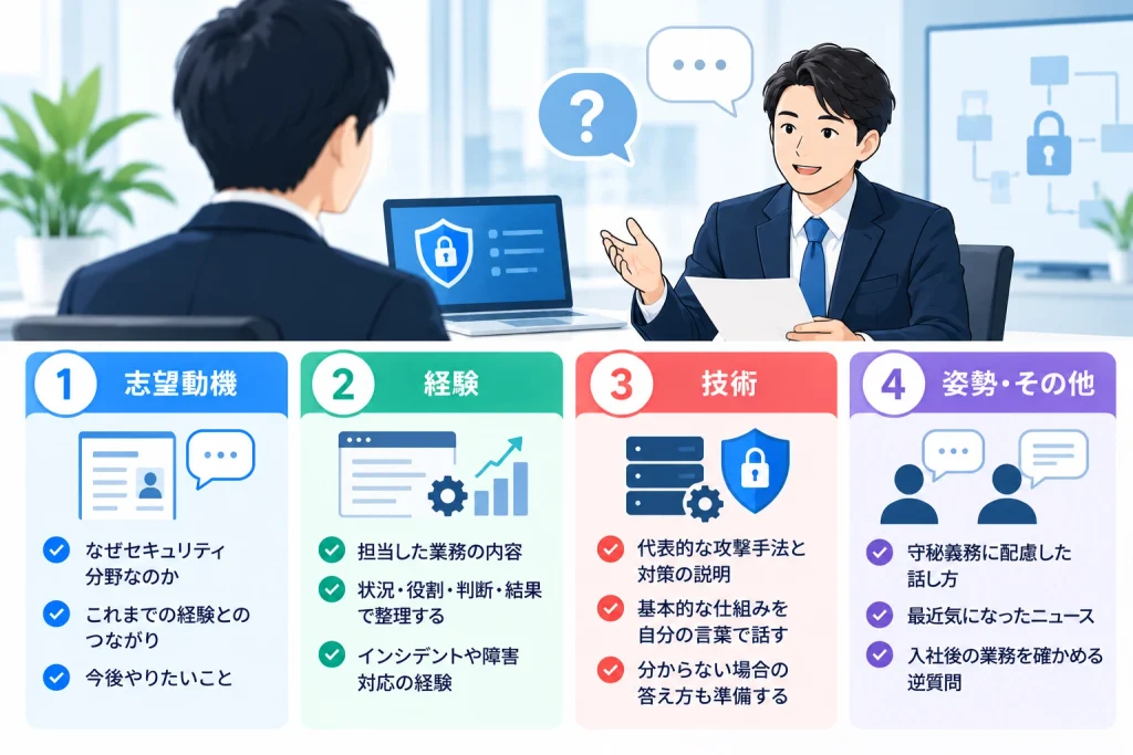 セキュリティエンジニアの面接準備として、志望動機・経験・技術・姿勢の4項目で確認すべきポイントをまとめた図解