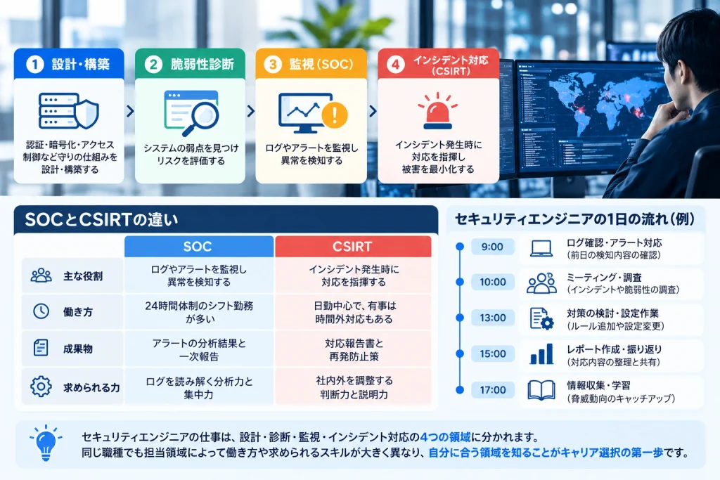 セキュリティエンジニアの4つの仕事内容と、SOC・CSIRTの違い、1日の業務の流れをまとめた図解